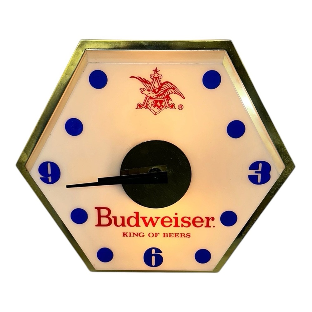 Vintage 1960's Budweiser King of Beers Lighted Hexagon Wall Clock Bar Sign Works
